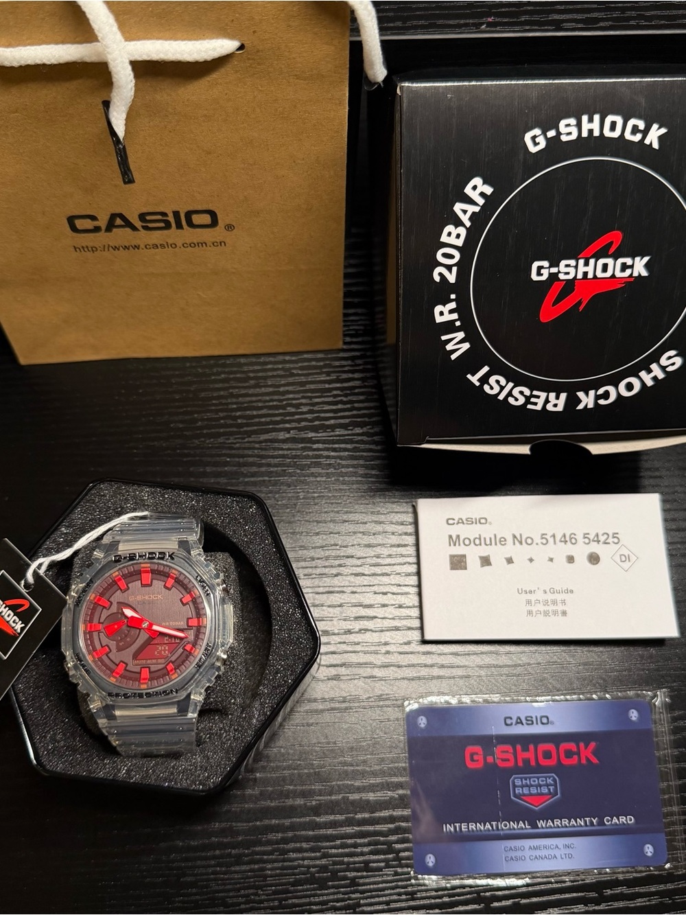 G-Shock Men’s Clear/Transparent Watch with Red Dial Accents